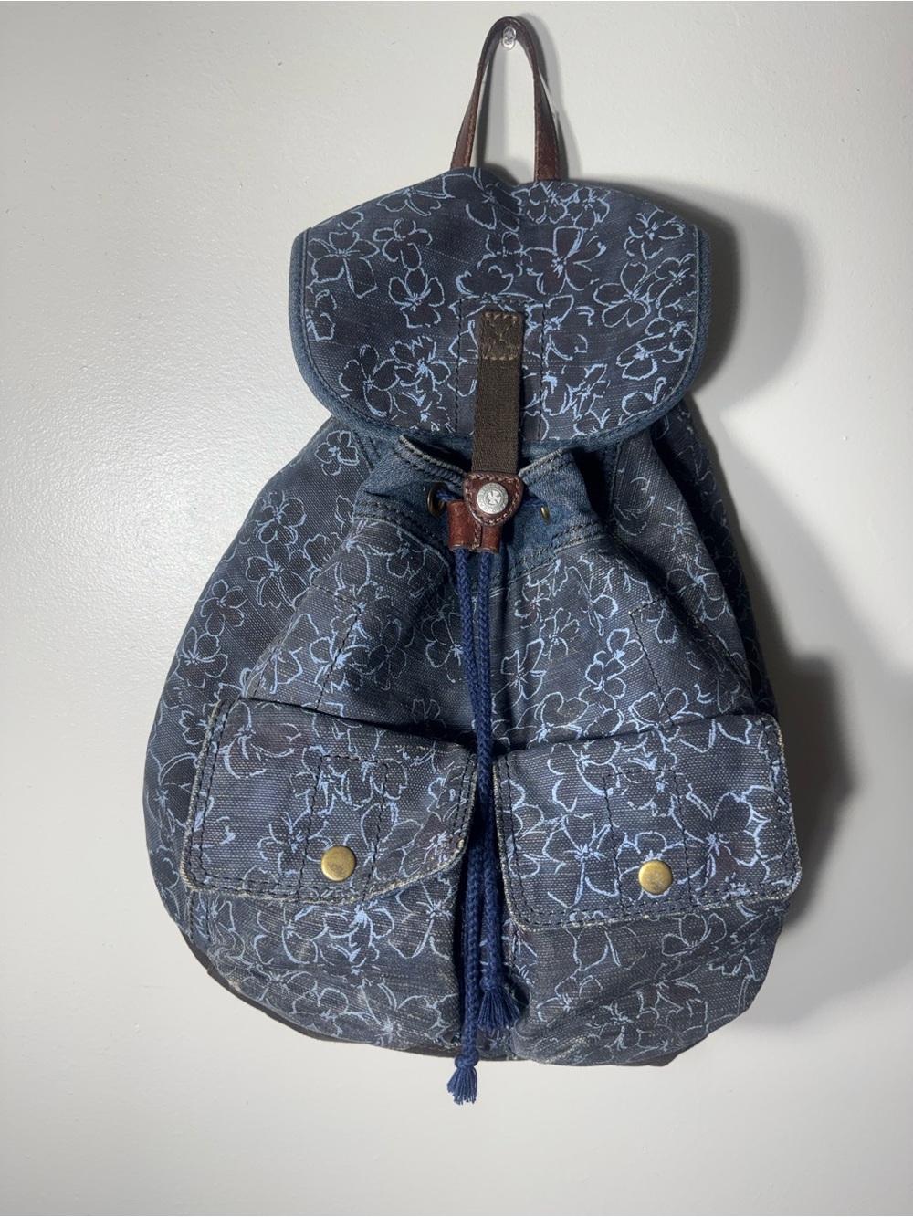 Lucky Brand Stylish Navy Denim and Floral Drawstring Backpack
